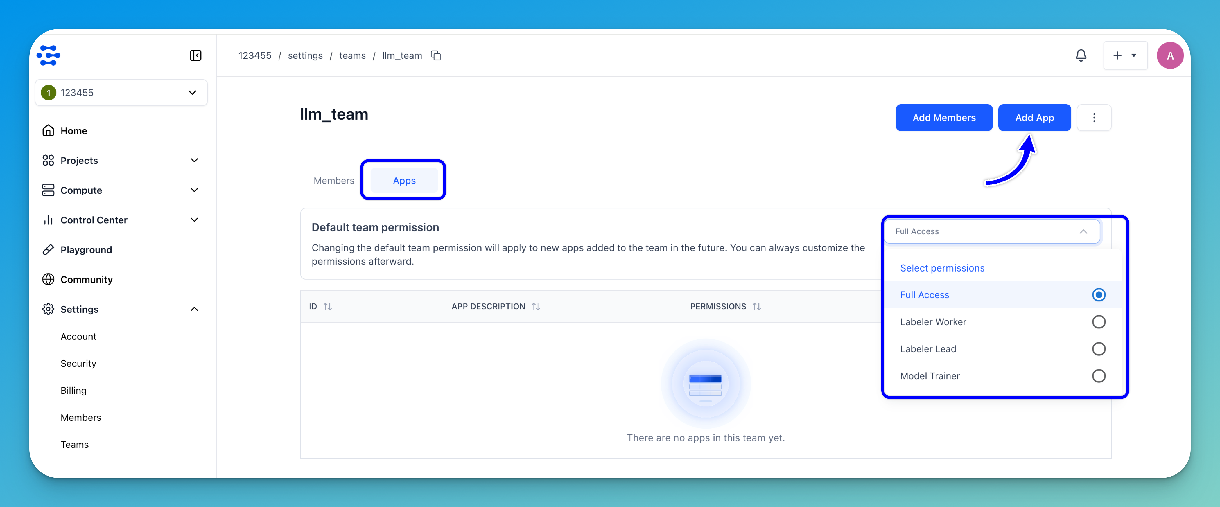 add app  to team