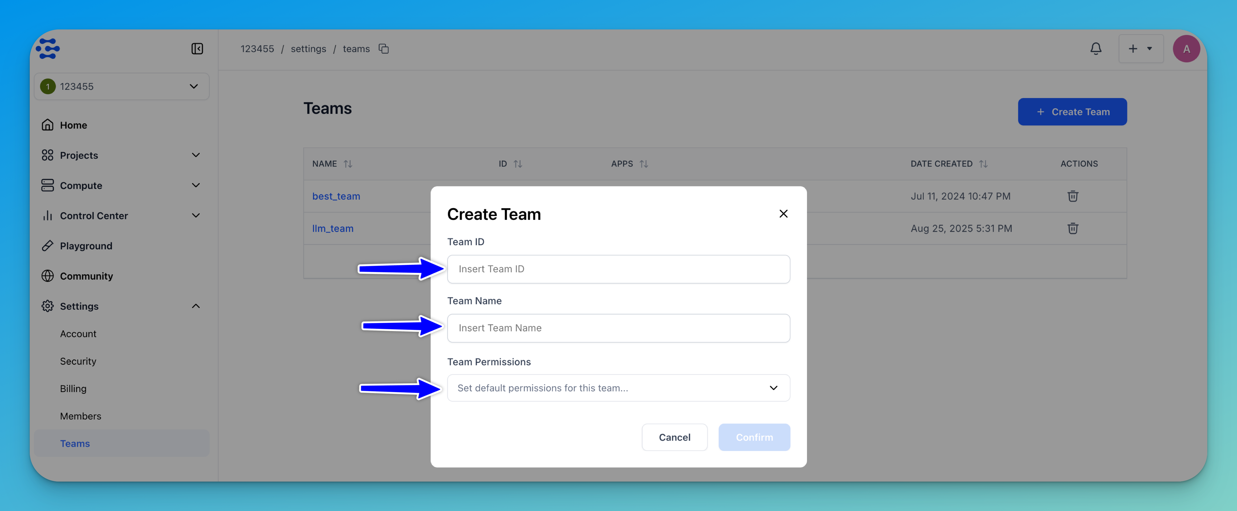 Create team dialog box