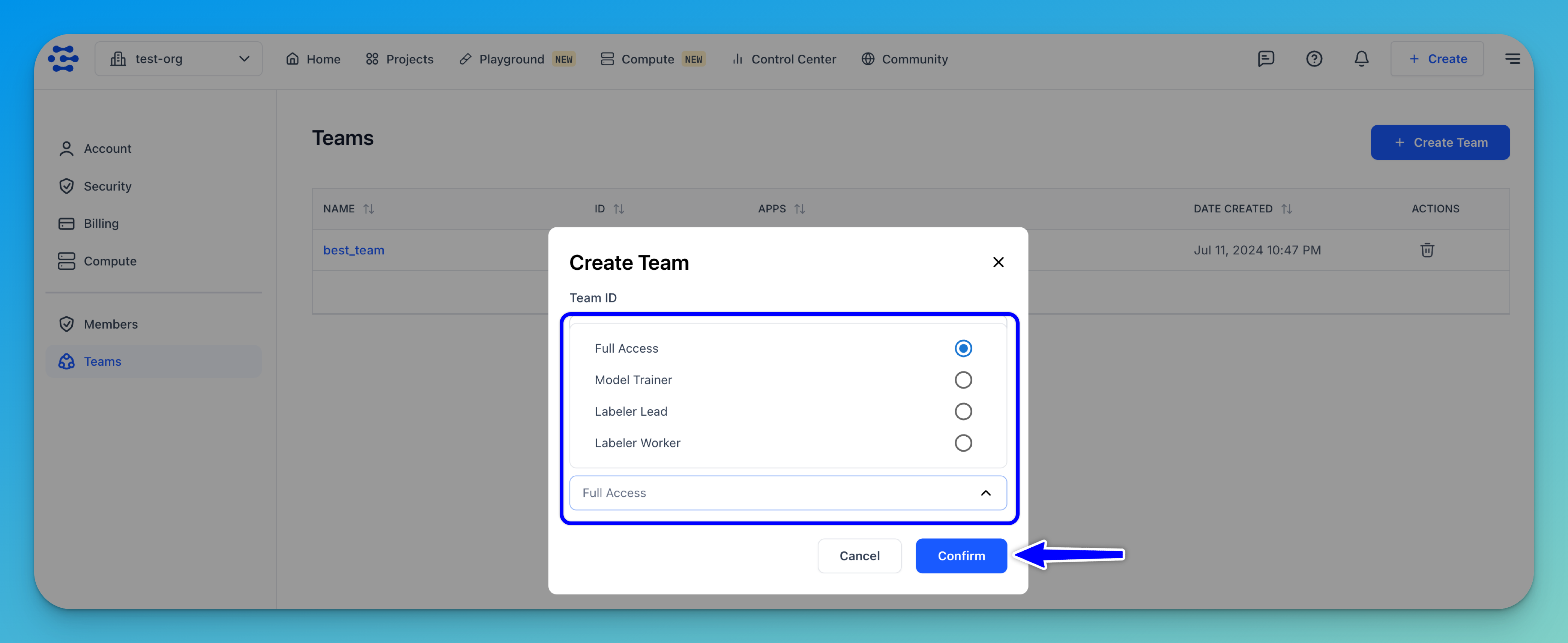 Create team dialog box