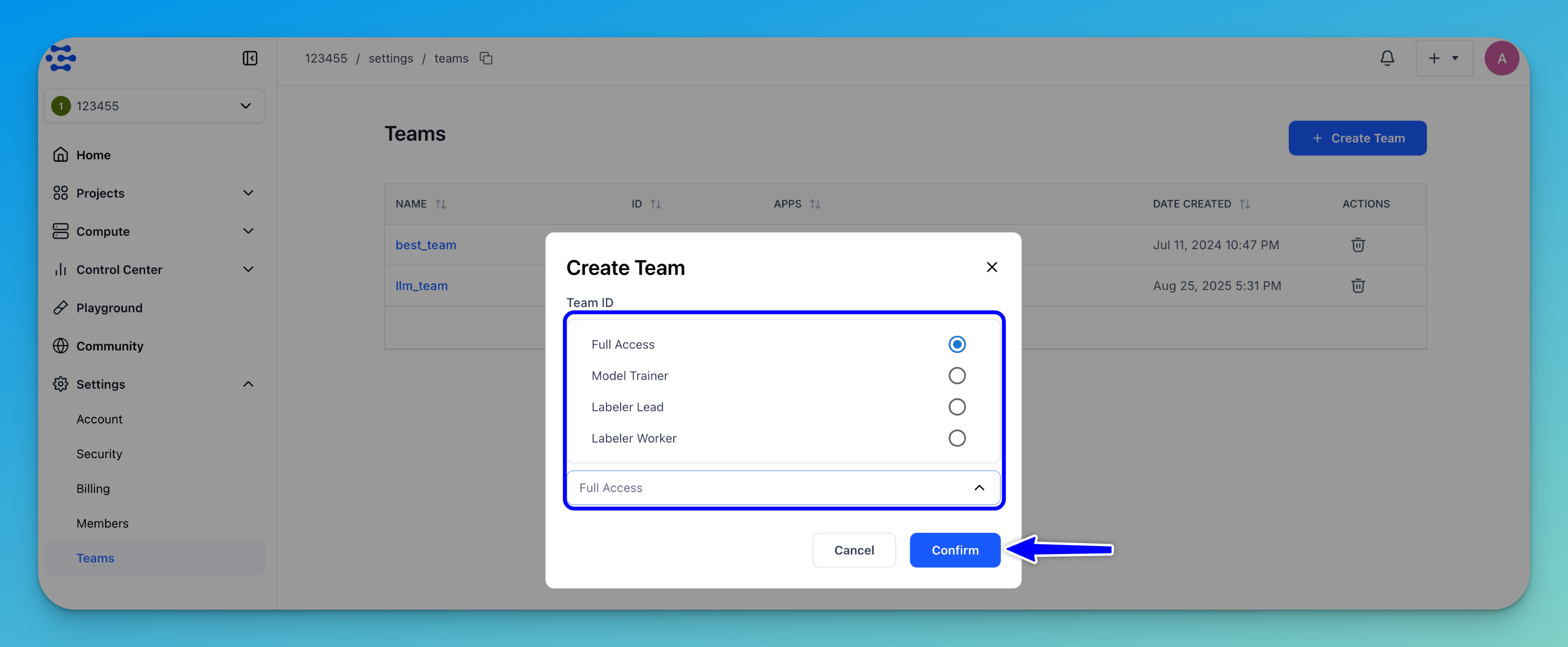 Create team dialog box