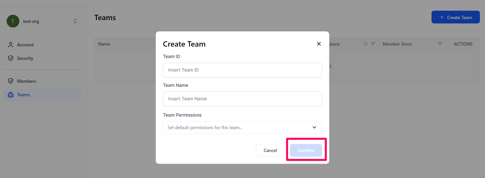Create team dialog box