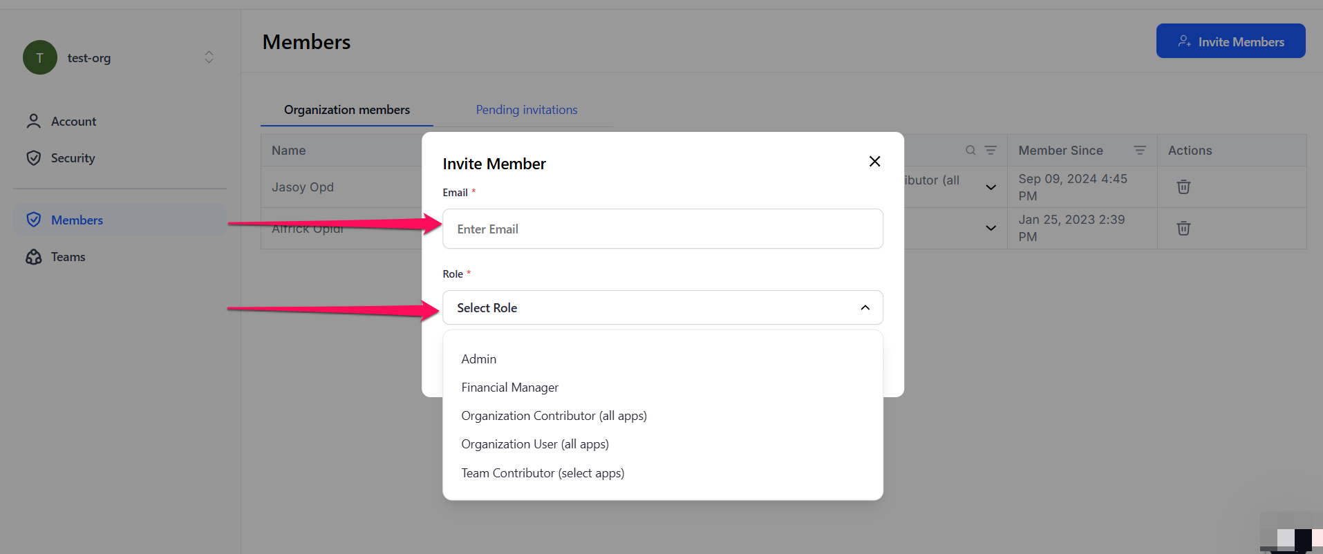 Invite member dialog box