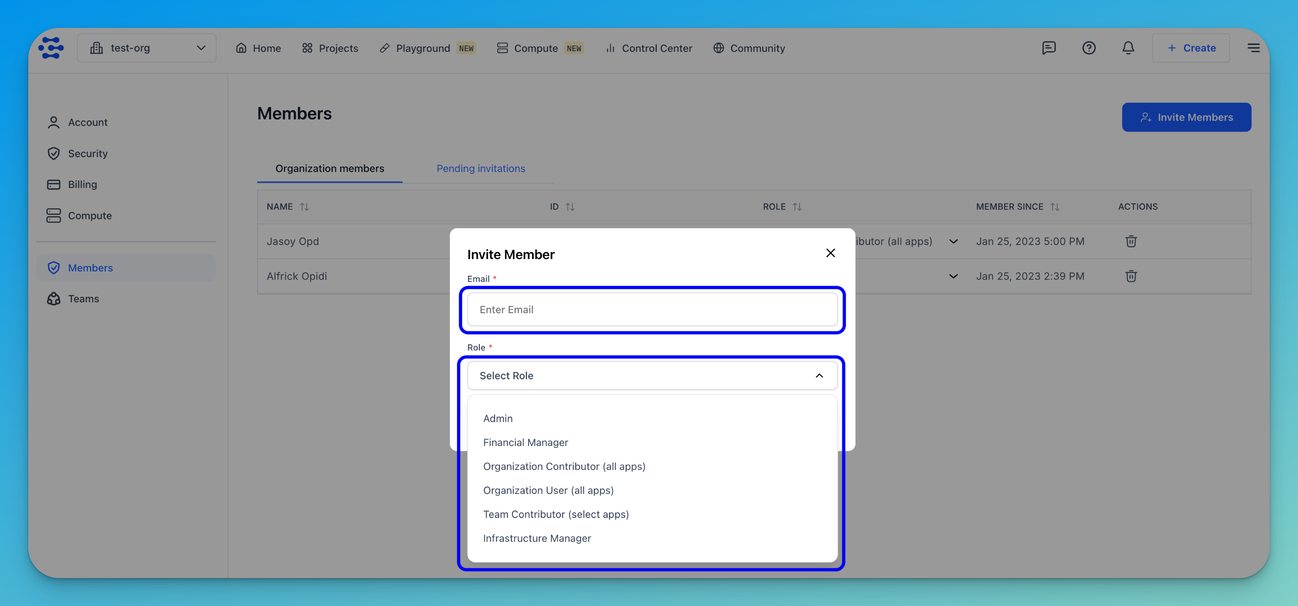 Invite member dialog box