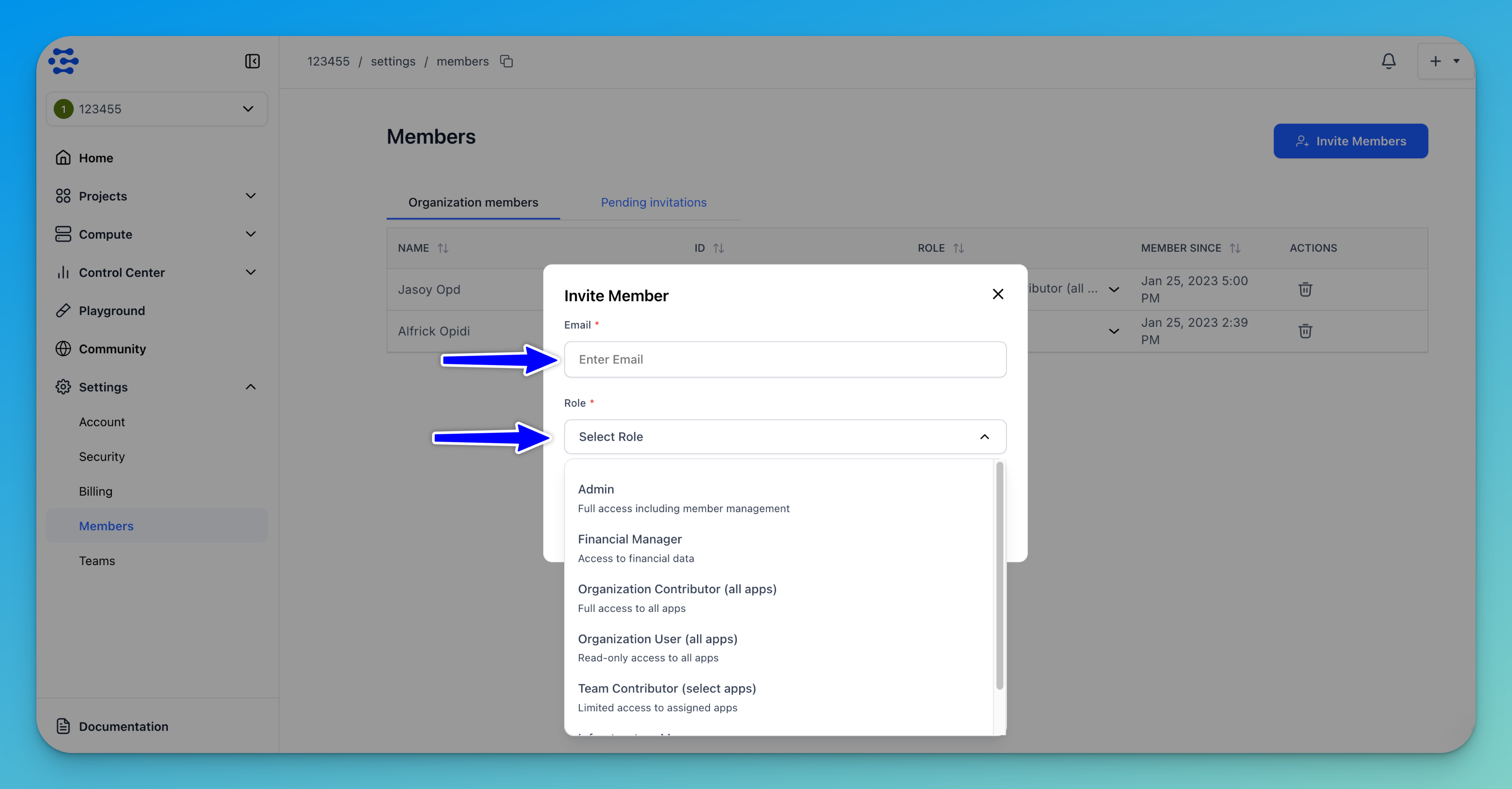 Invite member dialog box