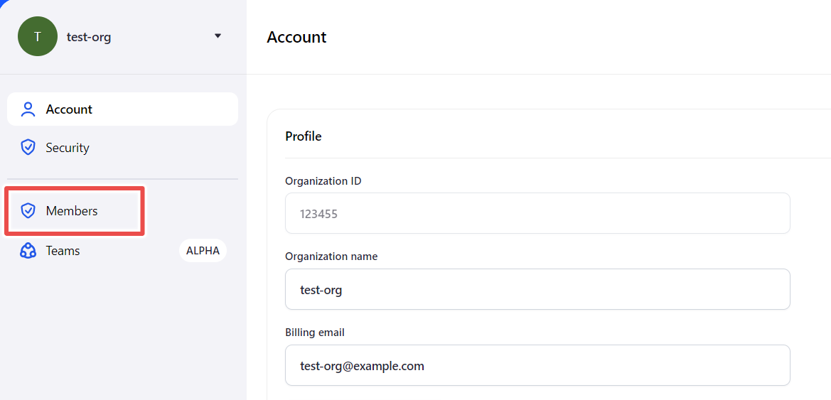 Organization settings page