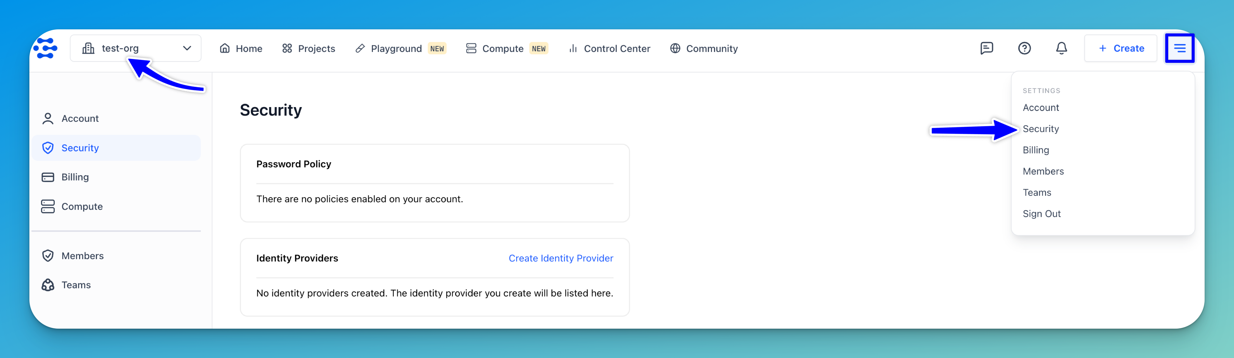 Security organization settings