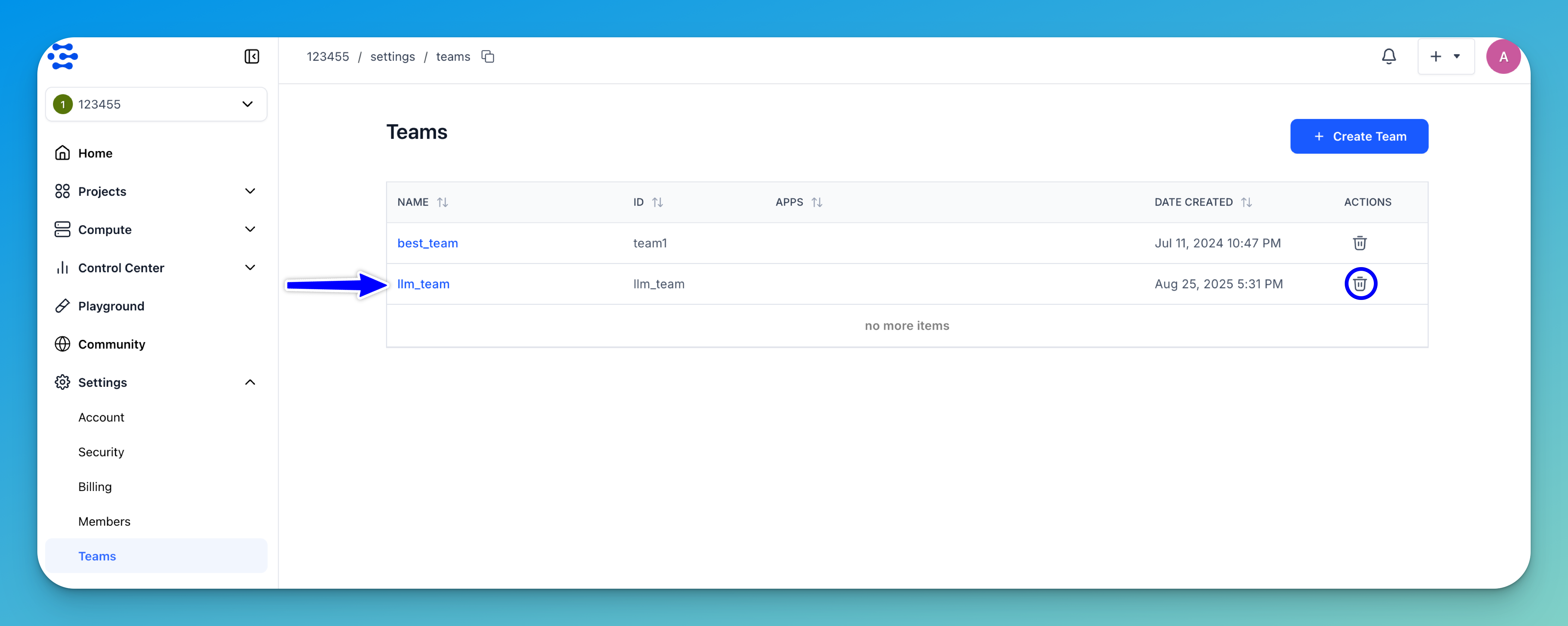Teams listing page